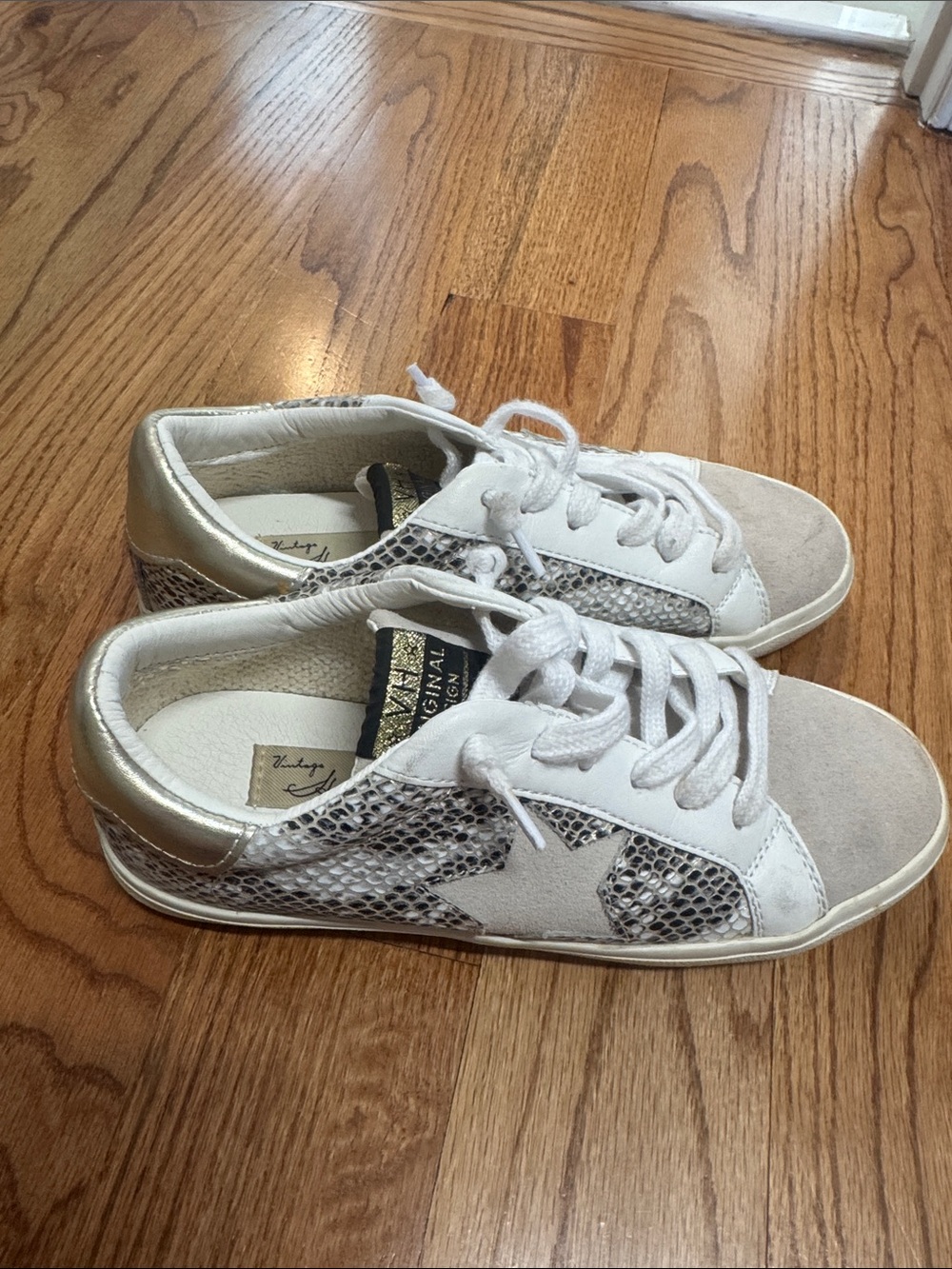 Wedge Sneakers in White with Metallic Gold Accents